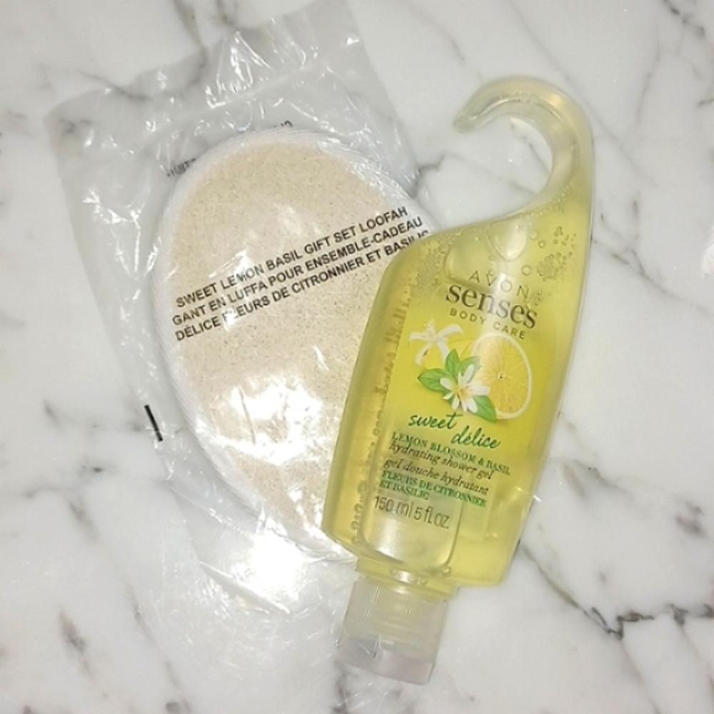 Avon Senses Lemon Blossom & Basil Hydrating shower gel 5oz and loofah set new